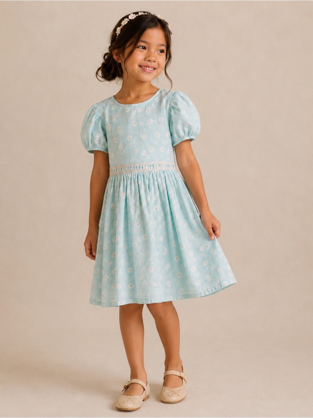 Light Blue Floral Puff Sleeve Dress Girls Size 4/5